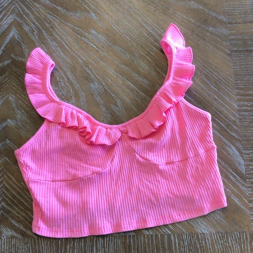 NWOT Shein Womens Pink Ribbed Ruffle Strap Cropped Top Size Large